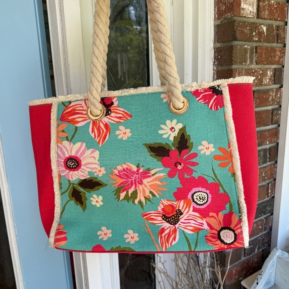 NWT Spartina 449 Boho Beach Tote Linen & Leather Floral - Picture 10 of 15